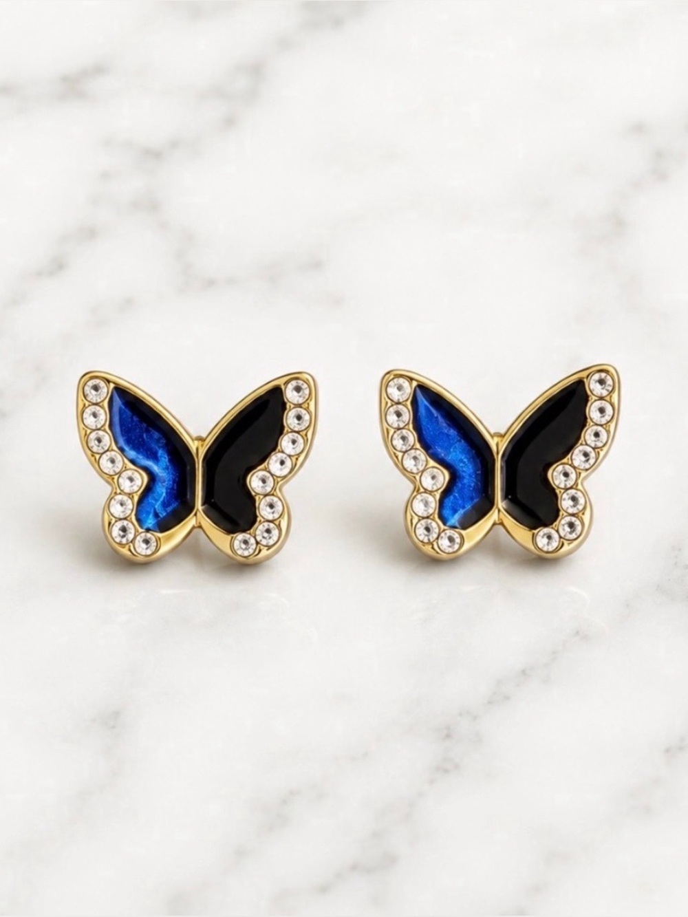 Black Enamel Butterfly Stud Earrings-White Stone Accents-Gold Tone Hardware